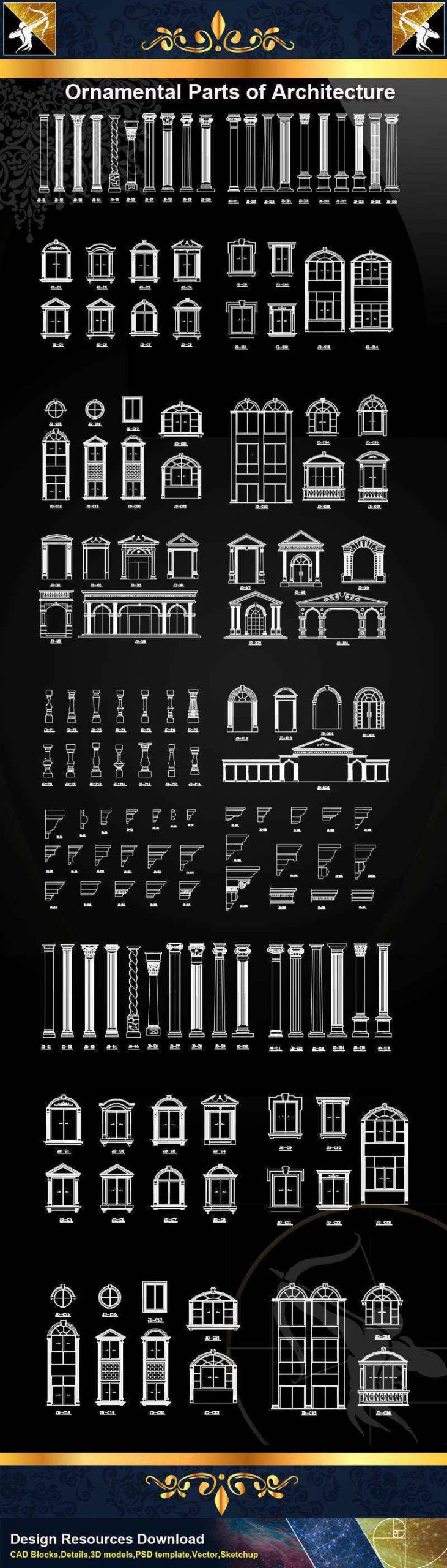 ★【Ornamental Parts of Architecture -Decoration Element CAD Blocks V.7】@Autocad Decoration Blocks,Drawings,CAD Details,Elevation
