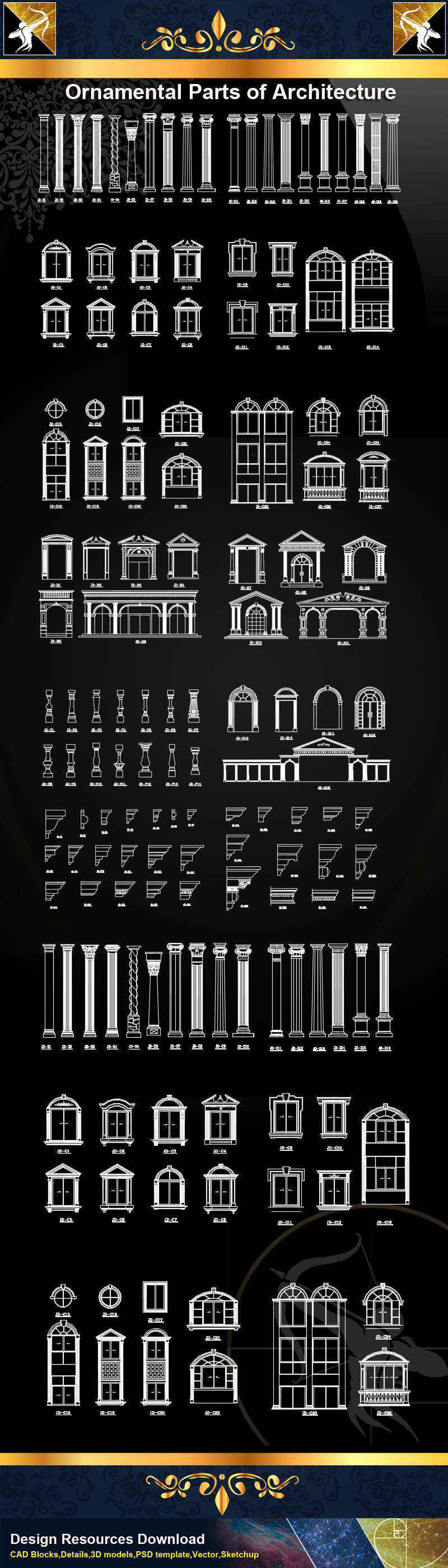 ★【Ornamental Parts of Architecture -Decoration Element CAD Blocks V.7】@Autocad Decoration Blocks,Drawings,CAD Details,Elevation