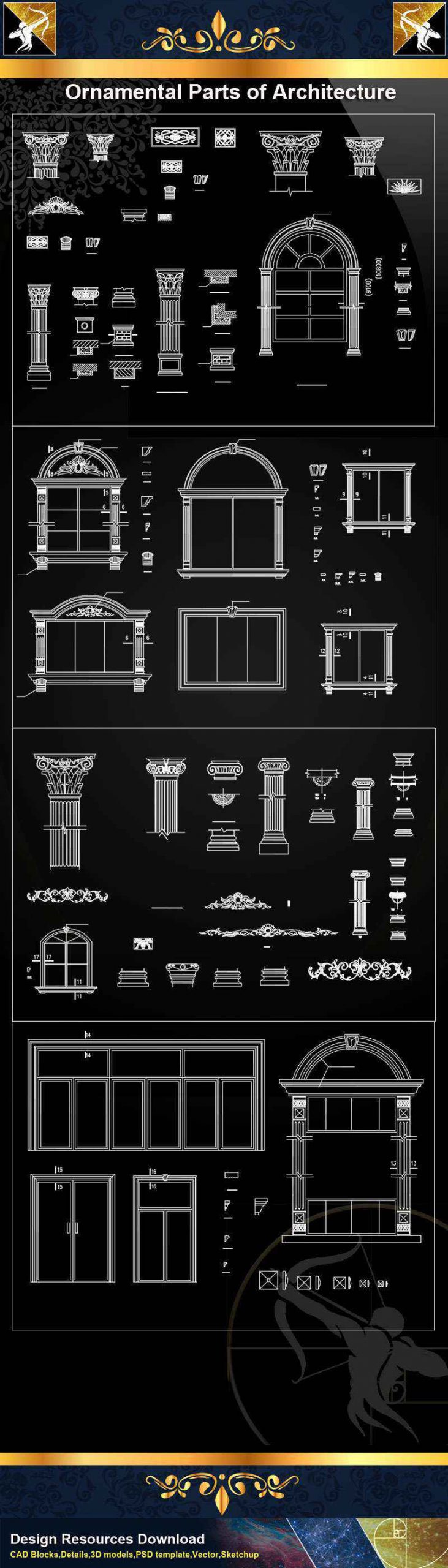 ★【Ornamental Parts of Architecture -Decoration Element CAD Blocks V.8】@Autocad Decoration Blocks,Drawings,CAD Details,Elevation - Image 2