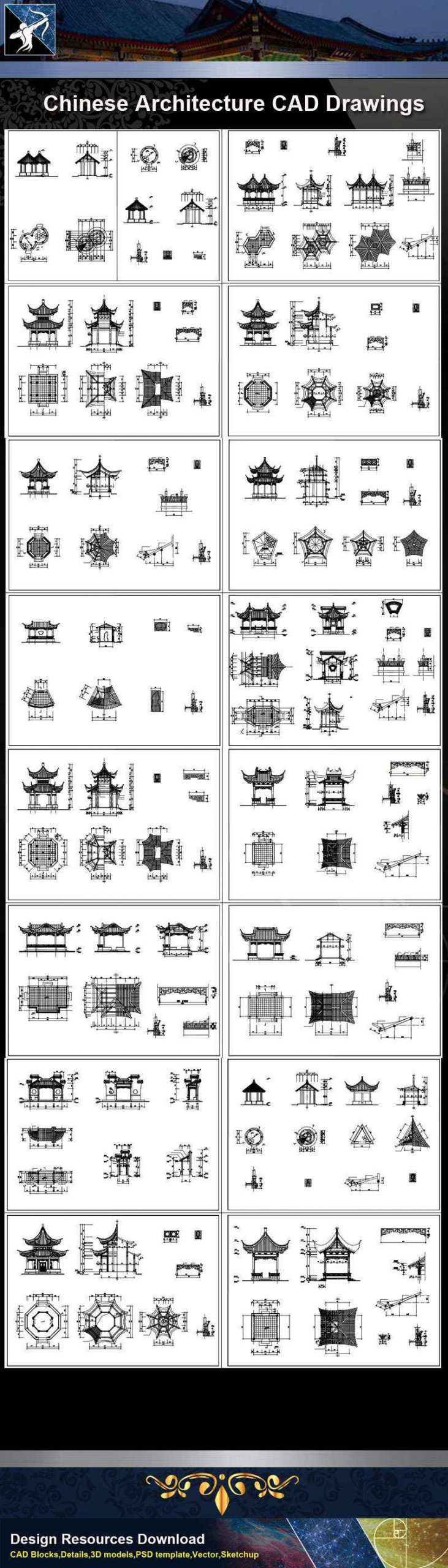 ★【Chinese Architecture CAD Drawings】@Chinese Pavilion Drawings,CAD Details,Elevation - Image 2