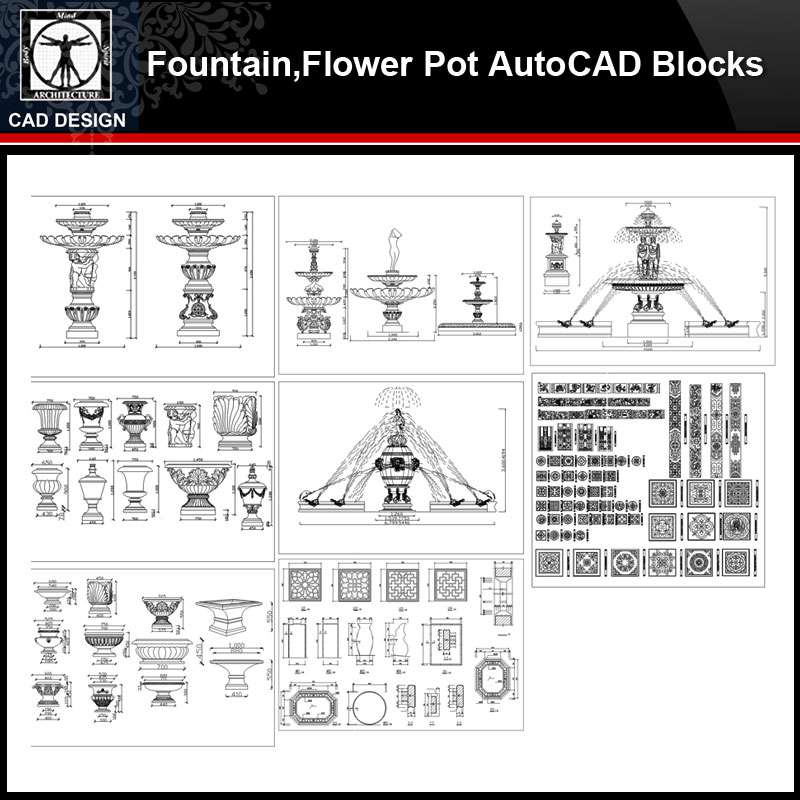 ★【Fountain,Flower Pot Autocad Blocks】All kinds of CAD blocks Bundle