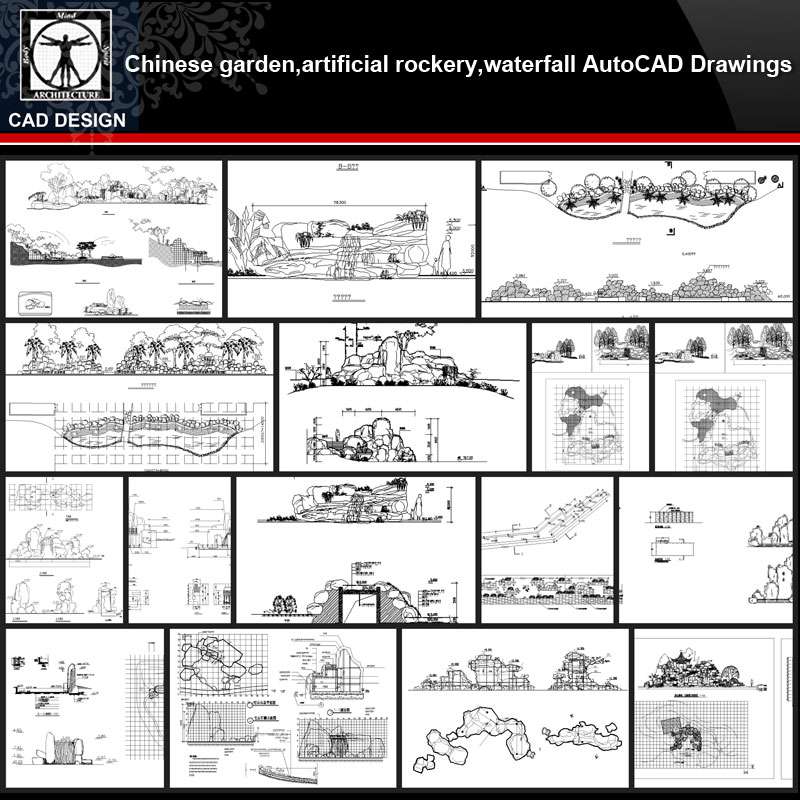 ★【Chinese Garden,Artificial rockery,Waterfall Autocad Drawings】All kinds of Chinese Landscape CAD Drawings