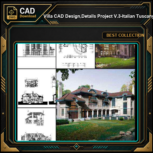 ★【Villa CAD Design,Details Project V.3-Italian Tuscany Style】Chateau,Manor,Mansion,Villa@Autocad Blocks,Drawings,CAD Details,Elevation